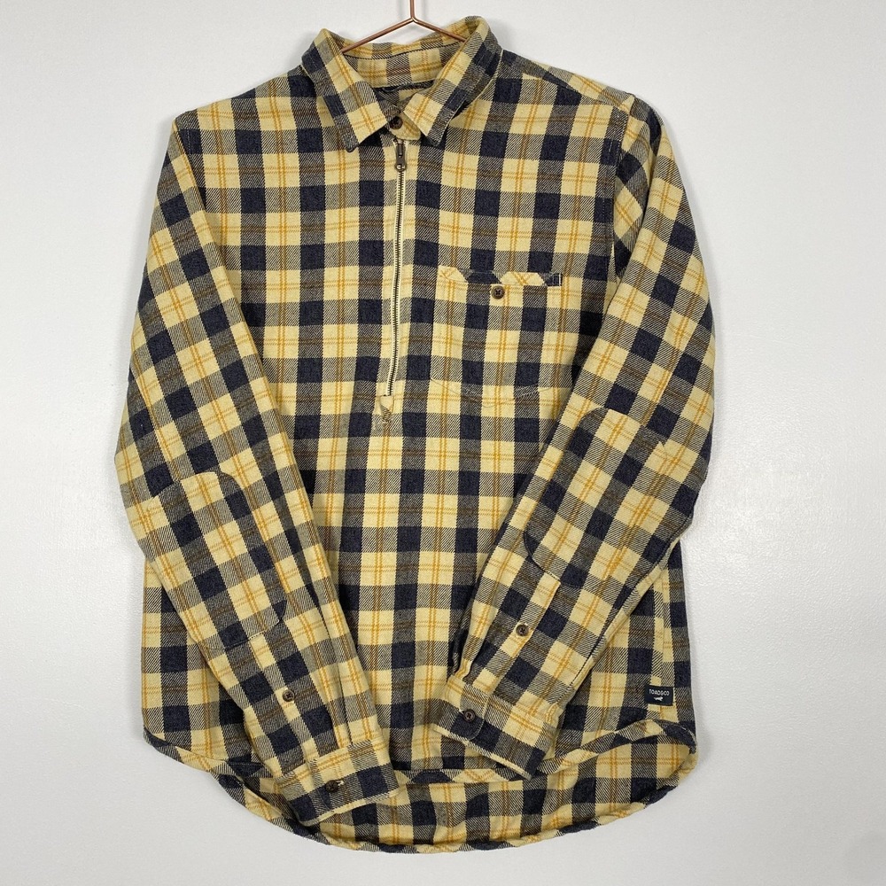 Toad&Co Shirt Womens Medium Yellow Plaid Flannel Bodie Dos 1/4 Zip Pockets Outdo